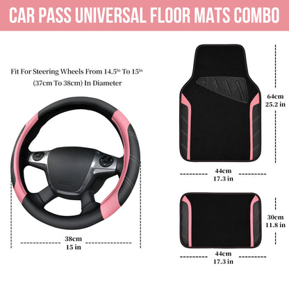 CAR PASS Microfiber Steering Wheel Cover and Waterproof Car Floor Mats,Leather Universal Car Combo Fit for 95% Truck,SUV,Cars,14.5-15inch Sporty Anti-Slip Safety Comfortable Design(Black and Pink)