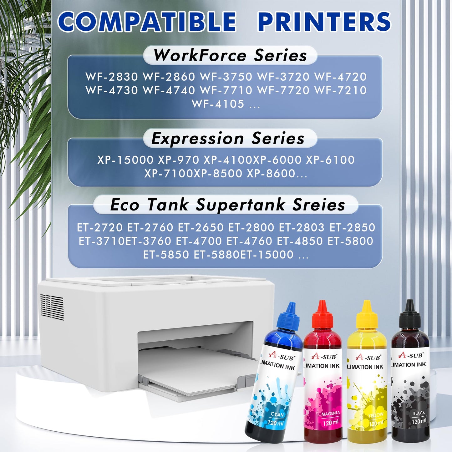 A-SUB 480ML Sublimation Ink Refill Compatible with ET-2720 ET-2760 ET-4760 ET-2800 ET-2803 ET-2850 ET-3760 WF-2830 WF-7710 Inkjet Printers for Heat Transfer Mug, Tumbler, T Shirts