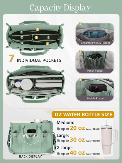 FIORETTO Canvas Tote Bag for Women with Zipper Closure & Individual Compartments for Work College, Crossbody Laptop Tote Purse Handbag with Detachable Strap & Bottom Support for Teacher & Nurse Green