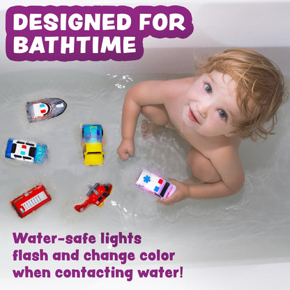 Tub Works® Emergency™ Cars Light Up Bath Toys, 6 Pack | Water-Activated Light Up Toys Flash & Change Color | Soft, Squeezable Baby & Toddler Bath Toys | Sensory Toys with Bath Lights for Kids Bath