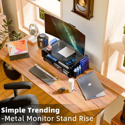 Simple Trending 2 Tier Metal Monitor Stand Monitor riser and Computer Desk Organizer with Drawer and Pen Holder for Laptop, Computer, iMac, Black