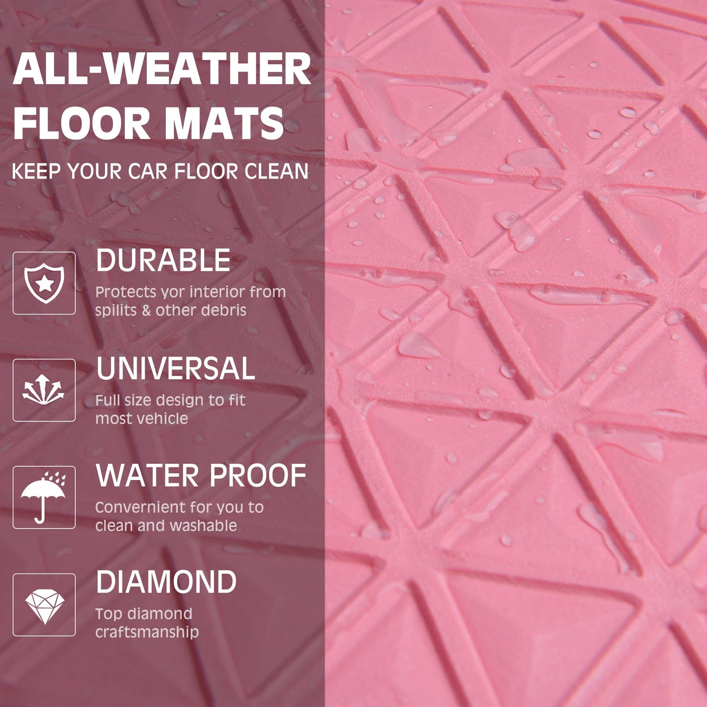 CAR PASS Bling Diamond Car Mats Rubber Floor Mats Full Set Anti-Slip 3D Rhombus Waterproof Trim to Fit Liner Universal Glitter Crystal Sparkly Shining Rhinestone Girl Women SUV Sedan Van, Pink Rubber