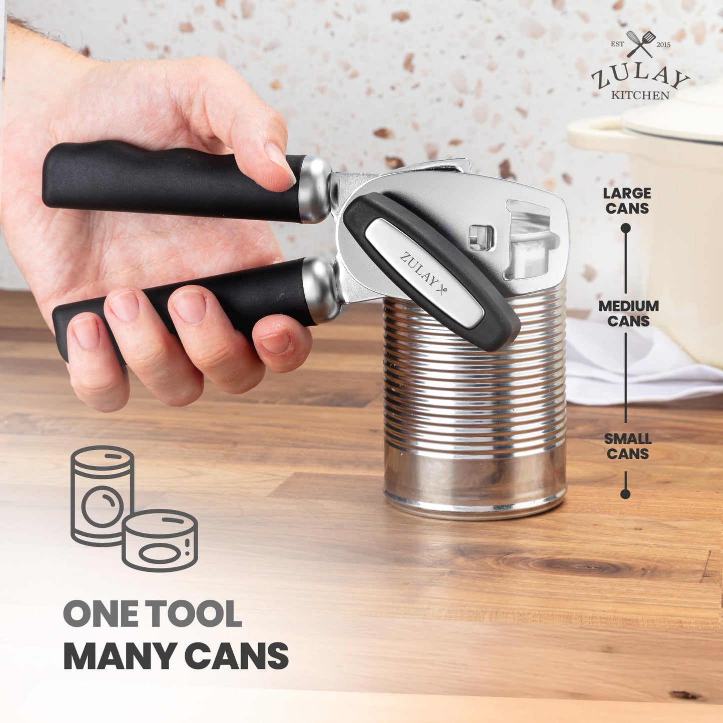 Zulay Kitchen Heavy Duty Stainless Steel Can Opener Manual with Bottle Opener - Rust Proof Manual Can Opener With Turn Knob & Comfy Soft Grip Handles - Black