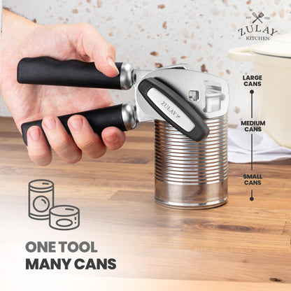 Zulay Kitchen Heavy Duty Stainless Steel Can Opener Manual with Bottle Opener - Rust Proof Manual Can Opener With Turn Knob & Comfy Soft Grip Handles - Black