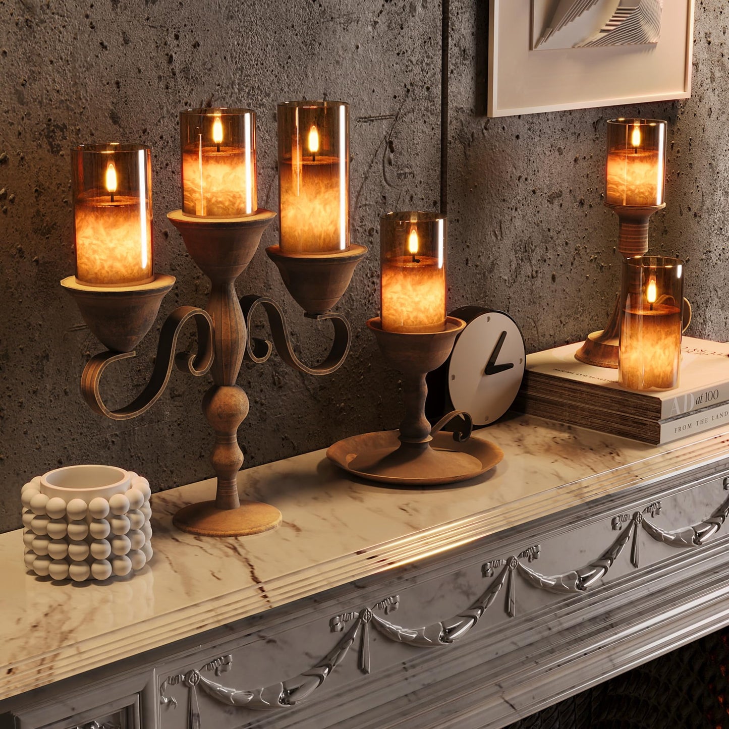 VIODAIM Ice Crystal Real Wax Glass Flameless Candles with Remote & Timer, Battery Operated Candles with Warm Flickering Flame, Realistic LED Candle for Wedding Home Decor [D3×H4/5"/6"] Gold, 3Pack