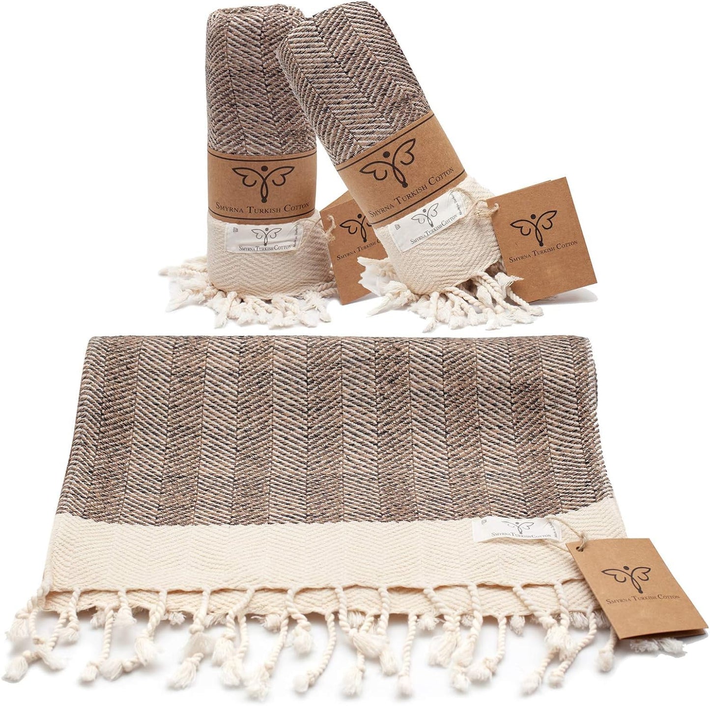 SMYRNA TURKISH COTTON Herringbone Series Turkish Hand Towels Set of 2, 16x40 inch, Decorative Turkish Hand Towels for Bathroom, Kitchen, Face, Hair, Tea, Yoga, Gym, Dishcloth Set of 2, Latte