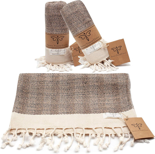 SMYRNA TURKISH COTTON Herringbone Series Turkish Hand Towels Set of 2, 16x40 inch, Decorative Turkish Hand Towels for Bathroom, Kitchen, Face, Hair, Tea, Yoga, Gym, Dishcloth Set of 2, Latte