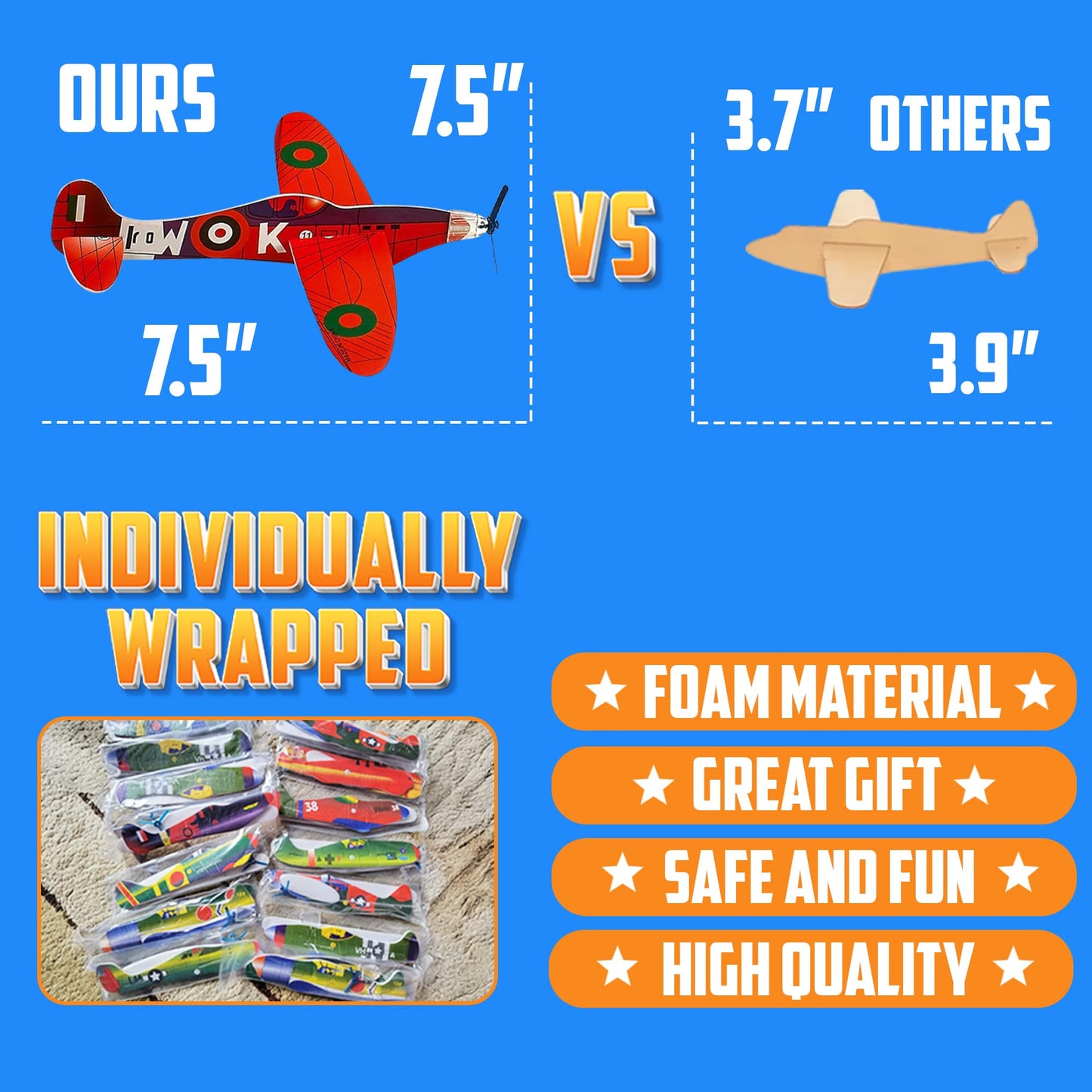 Bedwina Glider Planes Bulk (36-Pack) 8-Inch Bomber Airplane Gliders for Kids, Foam Paper Airplane Construction Kits for Kids Party Favors, Birthdays, Goodie Bag Stuffers and Outdoor Flying Toy