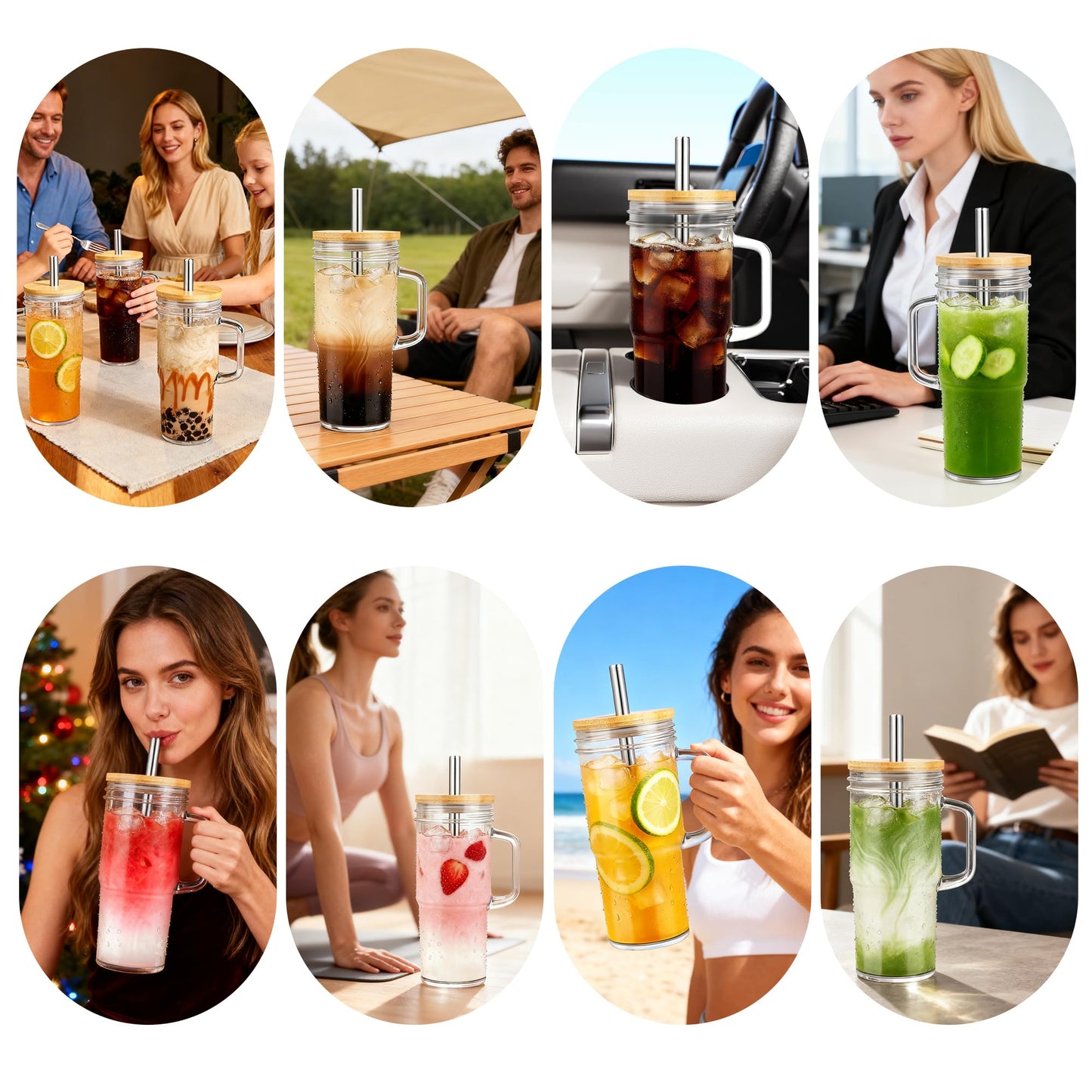 Birity 24oz Glass Cups with Lids and Straws,Glass Tumbler with Handle,2 set–Reusable Glass Ice Coffee Cups with Lid and Straw for Smoothies,Tea,Juice,Boba Cup for Cold & Hot Drinks,Travel Cup