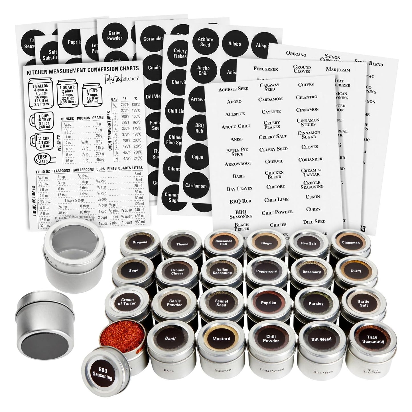 Talented Kitchen Magnetic Spice Jars for Refrigerator – 3oz Metal Magnetic Spice Tins w/Sift & Pour Lids (24 Jars, 269 Preprinted Labels, 2 Blank Label Designs)