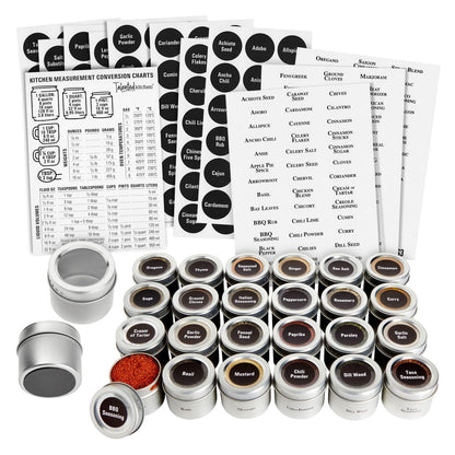 Talented Kitchen Magnetic Spice Jars for Refrigerator – 3oz Metal Magnetic Spice Tins w/Sift & Pour Lids (24 Jars, 269 Preprinted Labels, 2 Blank Label Designs)
