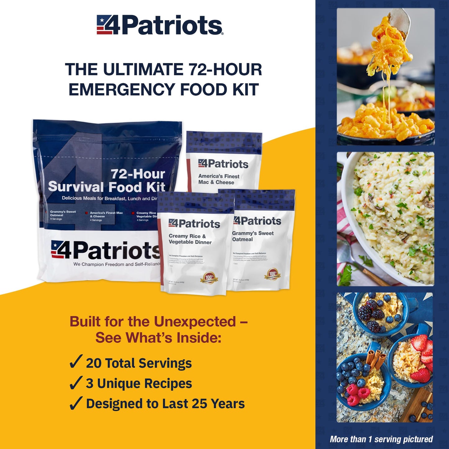 4Patriots 72-Hour Survival Food Kit: Emergency Food Supply Designed to Last 25 Years, 20 Servings