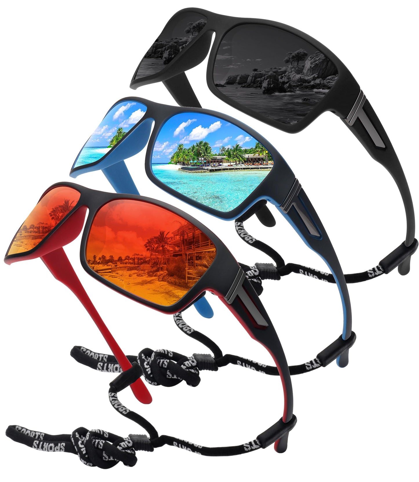 STORYCOAST Polarized Sports Sunglasses for Men Women Unbreakable Frame Cycling Fishing Driving 3Pack-Black+Red+Blue