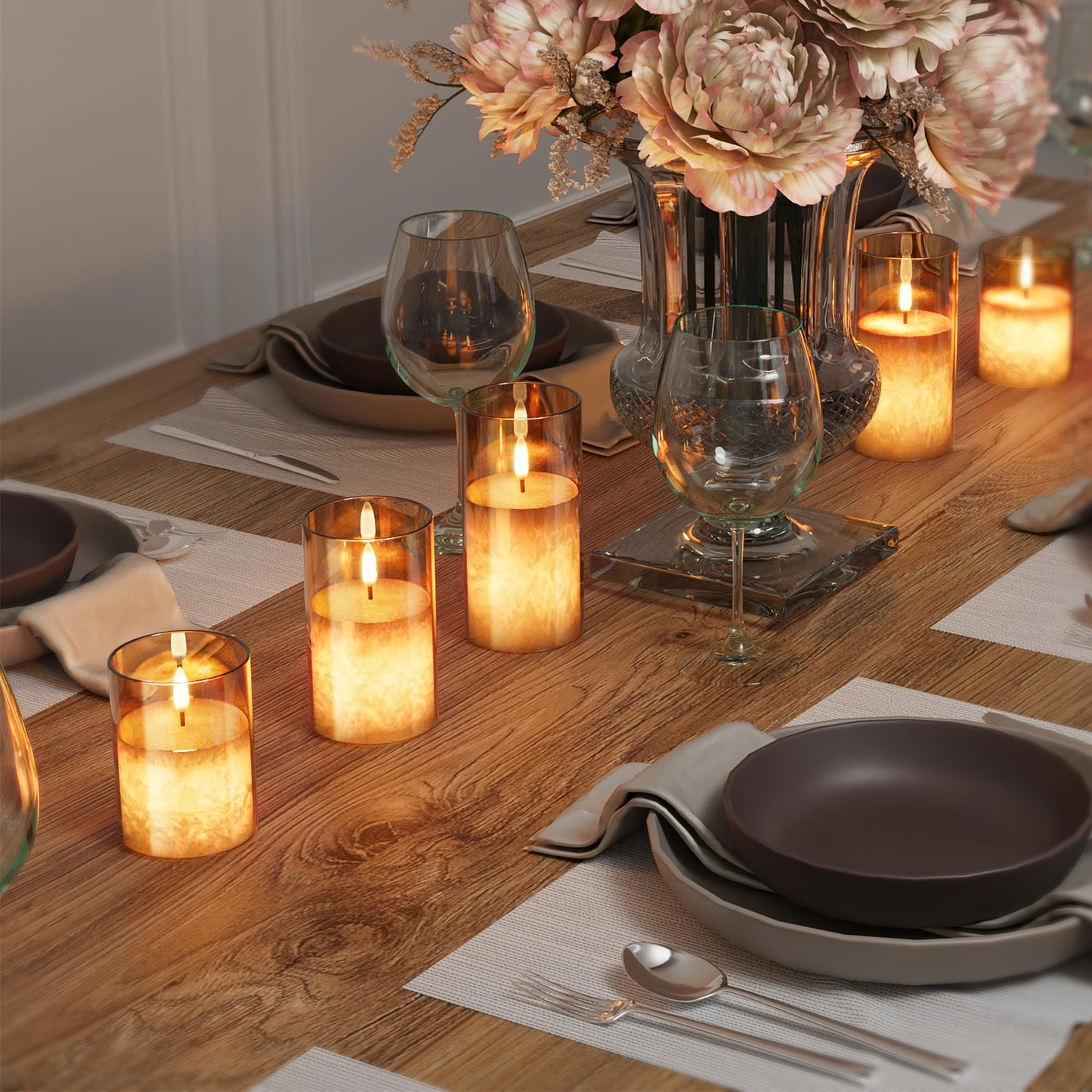 VIODAIM Ice Crystal Real Wax Glass Flameless Candles with Remote & Timer, Battery Operated Candles with Warm Flickering Flame, Realistic LED Candle for Wedding Home Decor [D3×H4/5"/6"] Gold, 3Pack