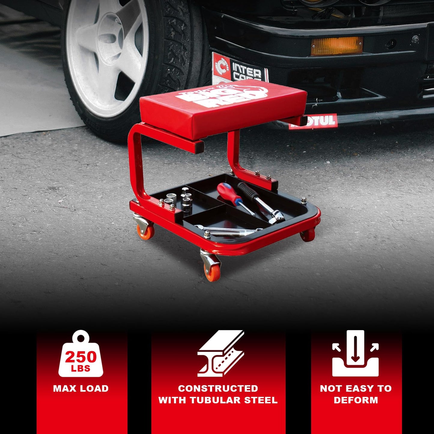 Torin TR6300 Red Rolling Creeper Garage/Shop Seat: Padded Mechanic Stool with Tool Tray Large