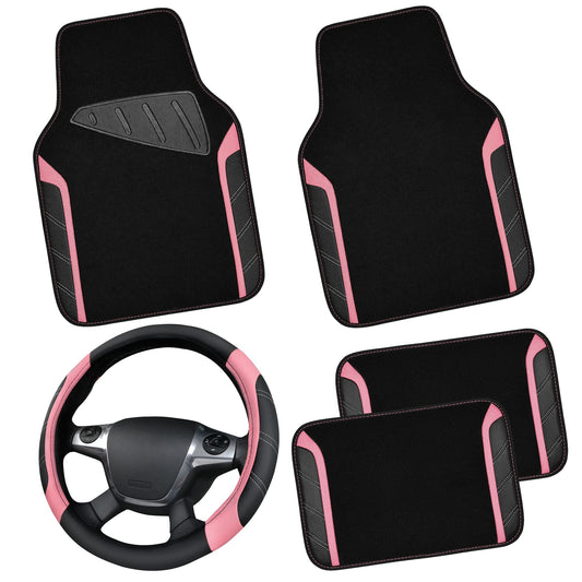 CAR PASS Microfiber Steering Wheel Cover and Waterproof Car Floor Mats,Leather Universal Car Combo Fit for 95% Truck,SUV,Cars,14.5-15inch Sporty Anti-Slip Safety Comfortable Design(Black and Pink)