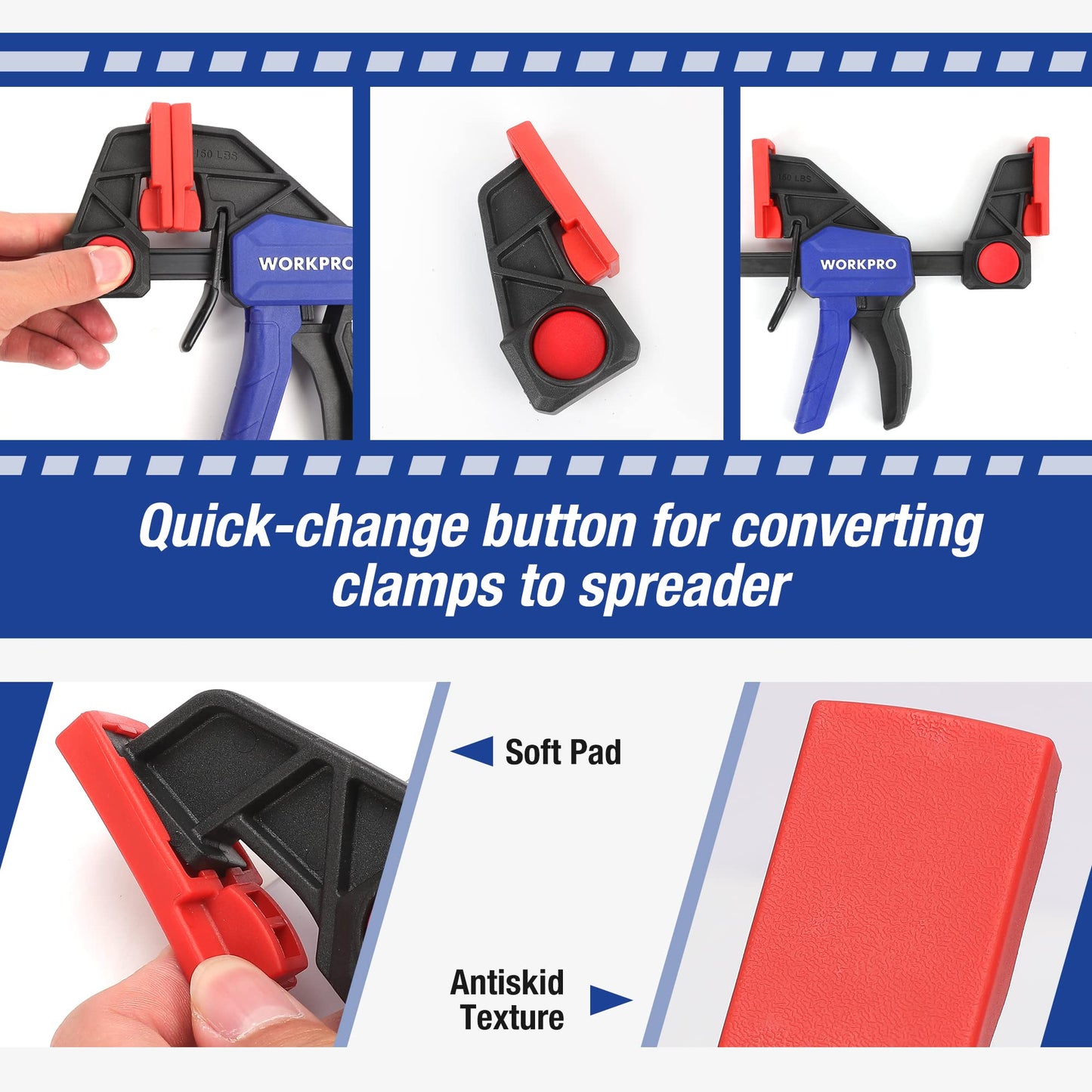 WORKPRO Bar Clamps for Woodworking, 6-Pack One-Handed Clamp/Spreader, 6-Inch (4) and 12-Inch (2) Wood Clamps Set, Light-Duty Quick-Change F Clamp with 150 lbs Load Limit Blue