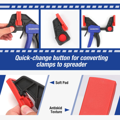 WORKPRO Bar Clamps for Woodworking, 6-Pack One-Handed Clamp/Spreader, 6-Inch (4) and 12-Inch (2) Wood Clamps Set, Light-Duty Quick-Change F Clamp with 150 lbs Load Limit Blue