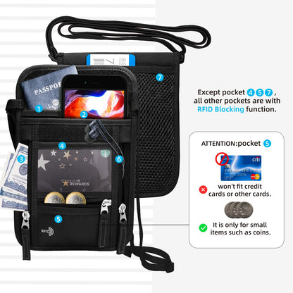 WALNEW Passport Holder Neck Pouch Travel Wallet for Women and Men, RFID Blocking Security Slim Traveling Wallet with Around Neck Lanyard Strap, Black