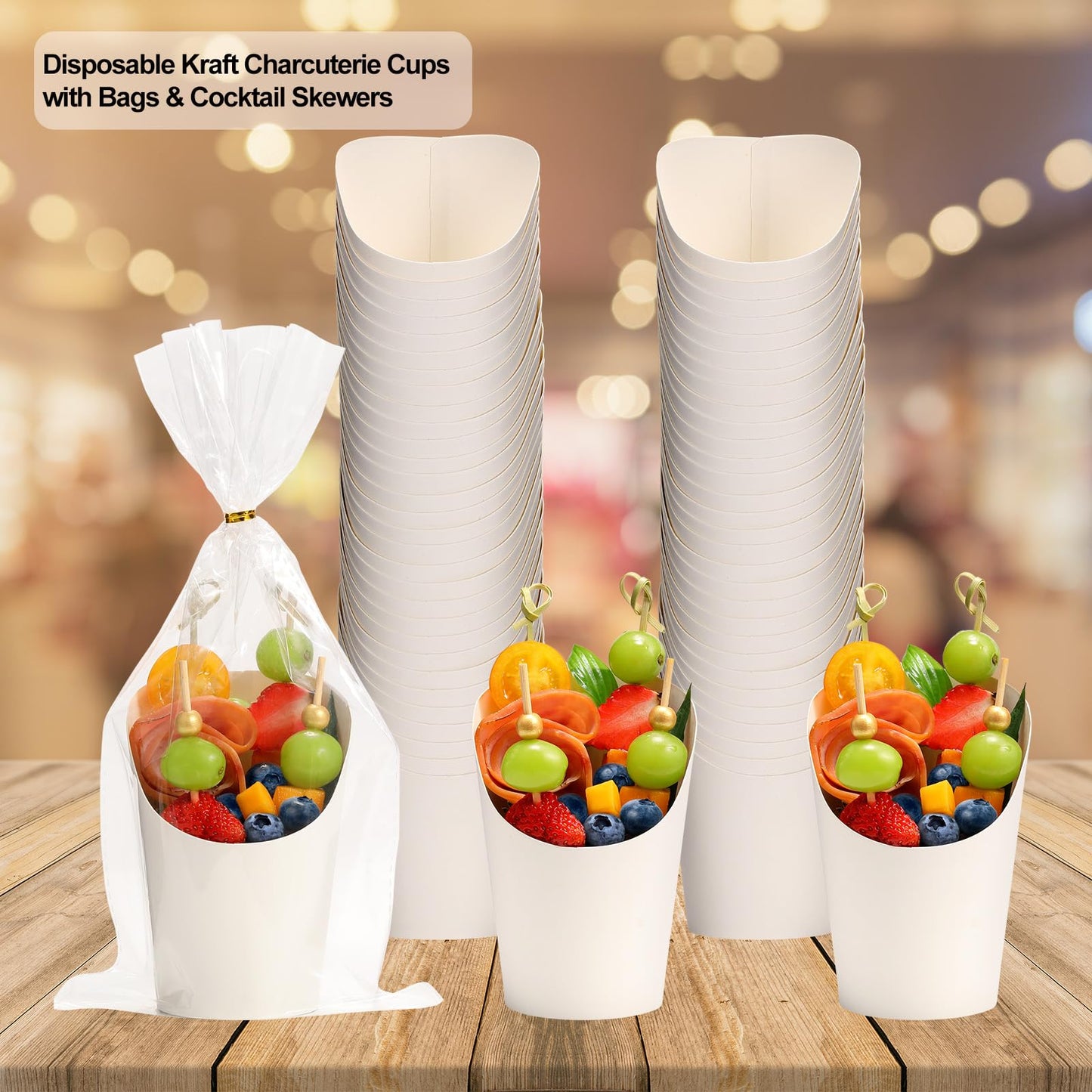 60 Sets Disposable Charcuterie Cups with Sticks and Bags, 14 oz White Kraft Paper Snack Boxes Appetizers Cup French Fry Holder with Cocktail Skewers Toothpicks Tooth Picks(60 Cups+60 Bags+200 Sticks)