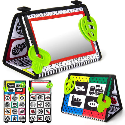teytoy Tummy Time Baby Mirror Toys with Teethers, Double Black and White High Contrast Baby Toys 0-6 Months, Foldable Floor Sensory Development Toys for Infants Newborn