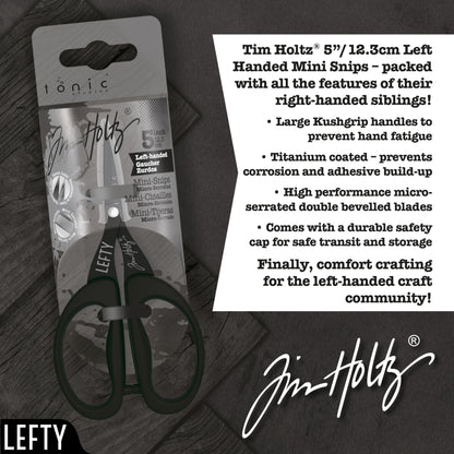 Tim Holtz Left Handed Scissors - 5 Inch Mini Snips with Micro Serrated Blade - Lefty Craft Tool for Cutting Paper, Fabric, and Sewing - Titanium with Black Comfort Grip Handles
