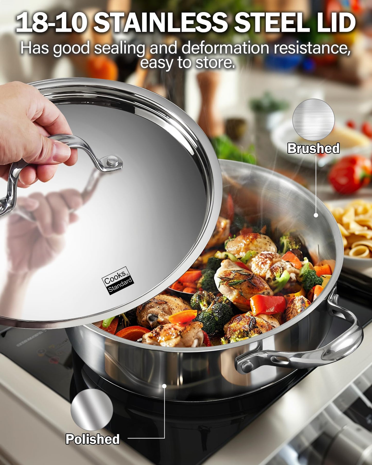Cooks Standard Classic Stainless Steel Saute Pan 11-inch, 5 Quart Induction Cookware Deep Frying Pan Cooking Skillet with Lid, Stay-Cool Handle