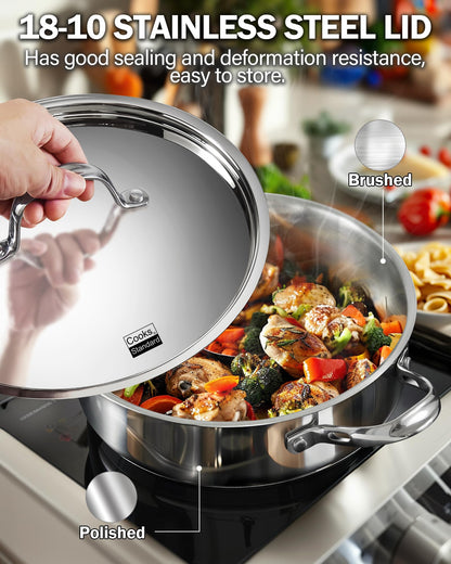 Cooks Standard Classic Stainless Steel Saute Pan 11-inch, 5 Quart Induction Cookware Deep Frying Pan Cooking Skillet with Lid, Stay-Cool Handle
