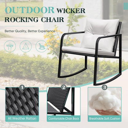 Greesum 3 Pieces Rocking Wicker Bistro Set, Patio Outdoor Furniture Conversation Sets with Porch Chairs and Glass Coffee Table, Beige