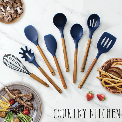 Country Kitchen Non Stick Silicone Utensil Set with Rounded Wood Handles for Cooking and Baking, 8 Piece Set, Navy