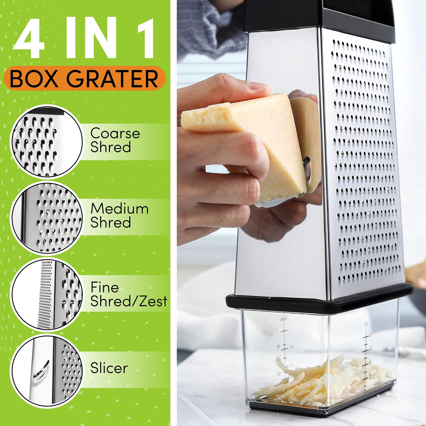 Spring Chef Professional 10" Parmesan Cheese Grater With Container, Stainless Steel & Soft Grip Handle, 4 Sided Kitchen Cheese Shredder, Handheld Box Grater for Vegetables, Potato, Carrot - Black