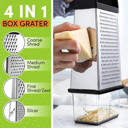 Spring Chef Professional 10" Parmesan Cheese Grater With Container, Stainless Steel & Soft Grip Handle, 4 Sided Kitchen Cheese Shredder, Handheld Box Grater for Vegetables, Potato, Carrot - Black
