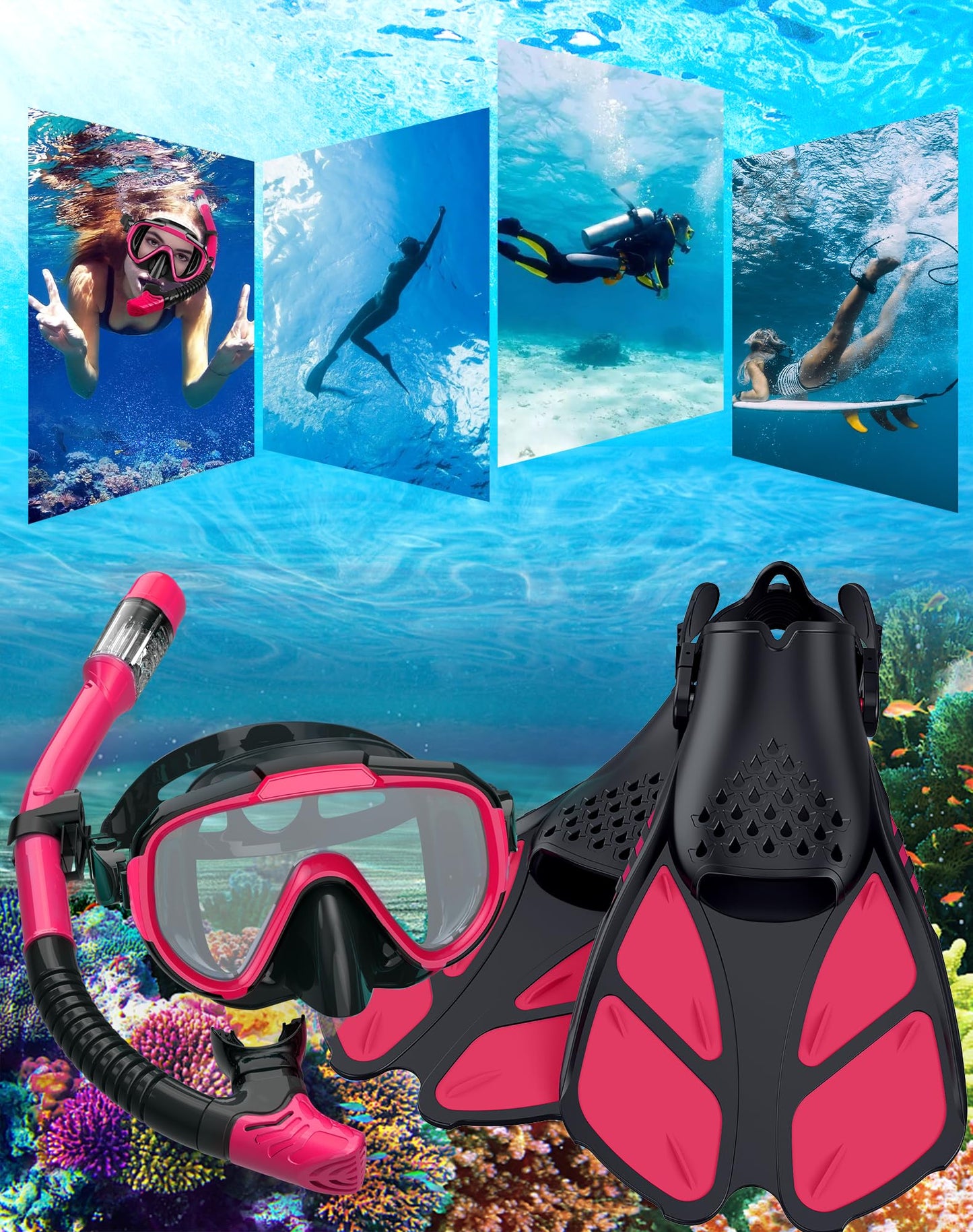 Ubekezele Snorkeling Gear for Adults Men Women,4 in 1 Snorkel Set with Panoramic View Diving Mask Anti-Fog Anti-Leak,Dry Top Snorkel,Fins and Travel Bag for Swimming,Snorkeling and Travel Diving