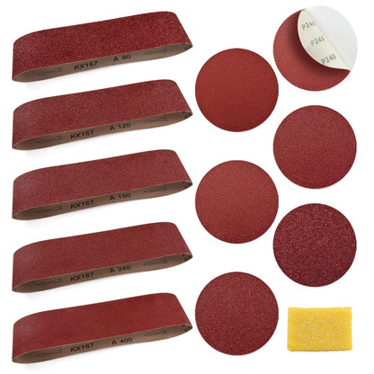 Sanding Belts and Sanding Discs Set for Power Combination Disc & Belt Sander 10 PCS 4 x 36” Aluminum Oxide Sanding Belts and 12 PCS 6” PSA Self Adhesive No-hole Sticky Back Sanding Discs(80-400 Grit)