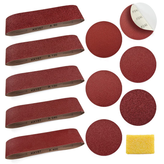 Sanding Belts and Sanding Discs Set for Power Combination Disc & Belt Sander 10 PCS 4 x 36” Aluminum Oxide Sanding Belts and 12 PCS 6” PSA Self Adhesive No-hole Sticky Back Sanding Discs(80-400 Grit)