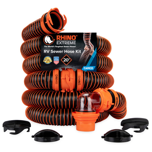 Camco RhinoEXTREME 20' RV Sewer Hose Kit – Premium Sewer Kit — Pre-Assembled & Ready-to-Use — Includes 4-in-1 Dump Station Adapter & Storage Caps — Crush & Abrasion Resistant (21012)