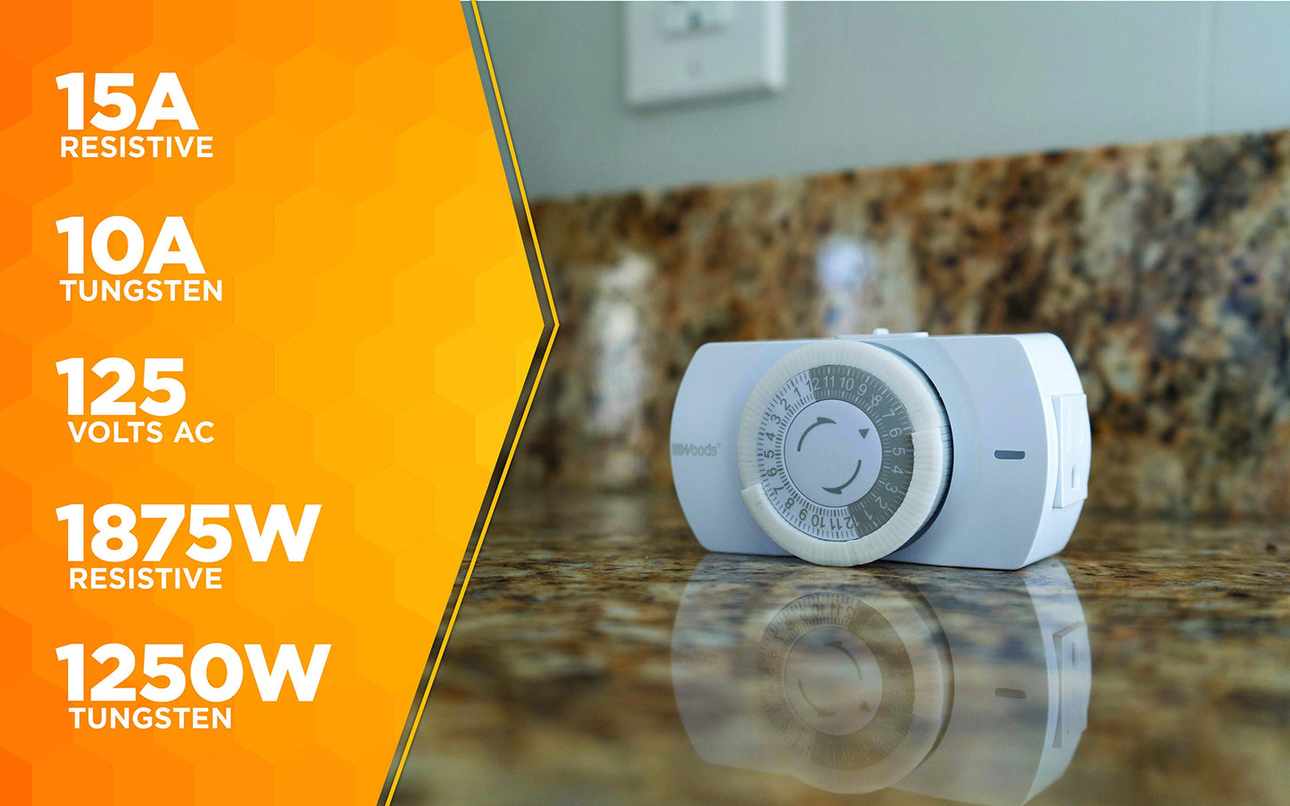 Woods 50103WD Indoor 24-Hour Heavy Duty Mechanical Timer; 1 Grounded Outlet; Standard Body