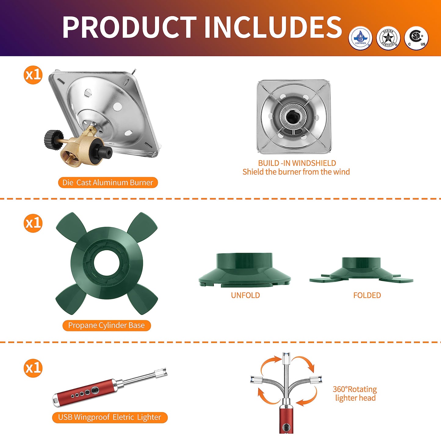 Propane Cylinder Top Stove with Adjustable Burner, Portable Camping/Backpacking Cooker 10000BTU,Camping Stove Propane,Single Burner Propane Stove,Camp Gas Stove with a USB Ligther (Fuel not included)