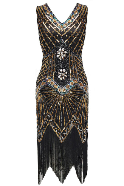 BABEYOND Women's Flapper Dresses 1920s V Neck Beaded Fringed Great Gatsby Dress Gold