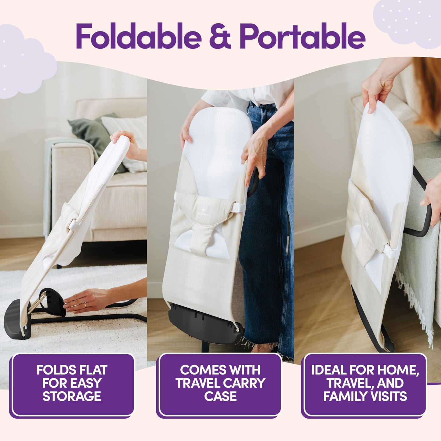 ComfyBumpy Ergonomic Baby Bouncer Seat - Bonus Travel Carry Case - Safe, Portable Bouncing Chair with Adjustable Height Positions - Infant Bouncy Seat Perfect for Newborn Babies (Grey)