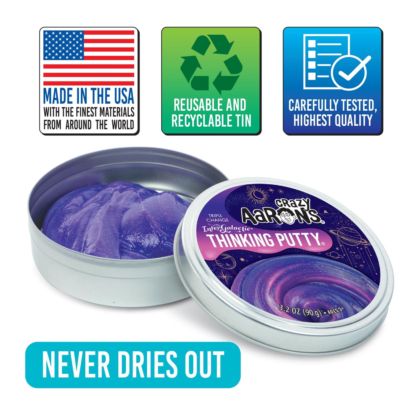 Crazy Aaron's Thinking Putty - Intergalactic - Triple Color Changing Putty for Kids and Adults in a 4" Tin - Creative and Endless Fun, Stress Relief Therapy Toys, Never Dries Out - Made in USA