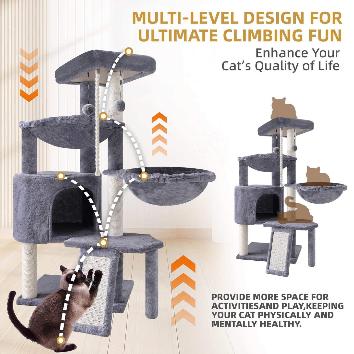 Xin Three Layer Cat Tree with Cat Condo and Two Hammocks,Grey