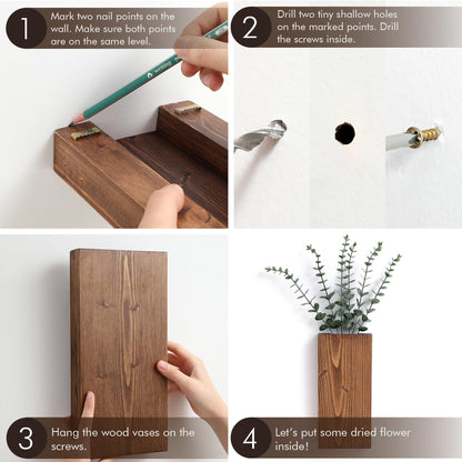 Wood Wall Planter Set of 2, Wall Pocket for Greenery and Dried Flowers, Indoor Wood Hanging Vase, Modern Farmhouse Wall Decor for Living Room Bedroom Office Eucalyptus Stems Decorations (Walnut)