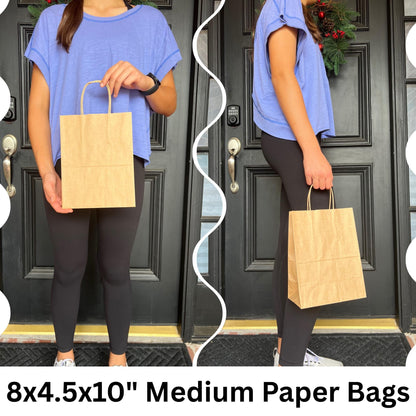 Qutuus Kraft Paper Gift Bags with Handles 8x4.5x10 25Pcs Brown Gift Bags Bulk Medium Size Small Business Bags, Party Bags, Retail Kraft Shopping Bags