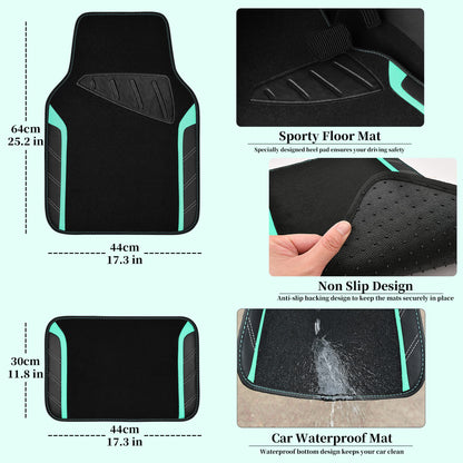 CAR PASS Leather Steering Wheel Cover and Waterproof Car Floor Mats,Microfiber Universal Car Combo Fit for 95% Sedan,SUV,Cars,14.5-15inch Sporty Anti-Slip Safety Comfortable Design(Black&Mint)