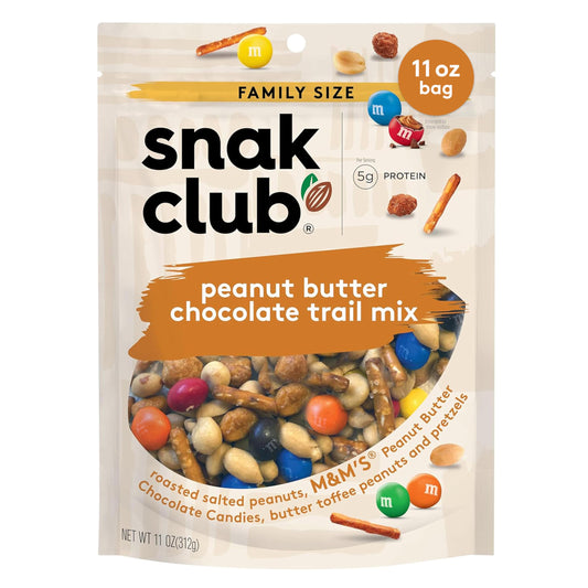 Snak Club Peanut Butter Chocolate Trail Mix with Peanuts, Peanut Butter M&M’S, Toffee Peanuts, and Pretzels, 11 oz Resealable Bag