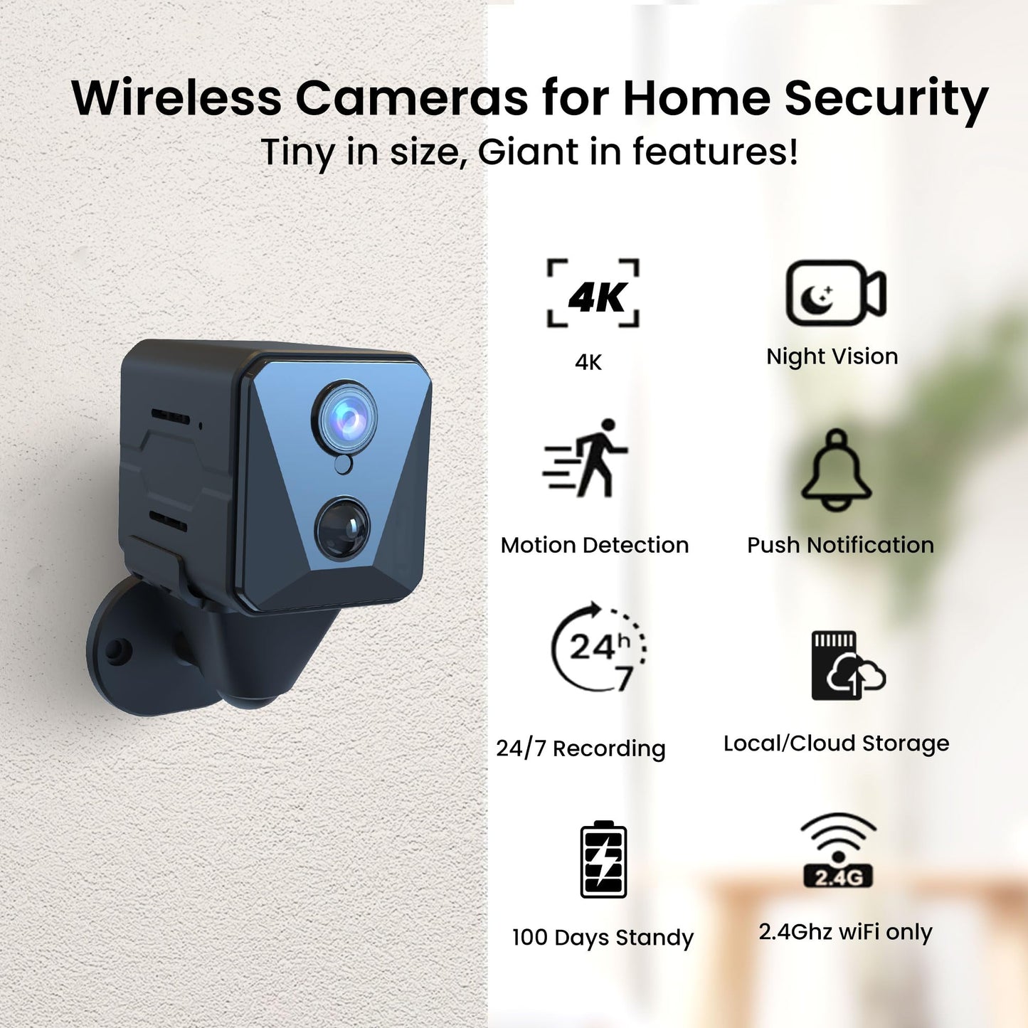 Funstorm 2025 Upgraded Security Camera, 4K HD Mini Nanny Cam for Home with Night Vision, WiFi Indoor Camera, 100 Days Long Battery Life, Motion Detection, Remote Viewing, Wireless Surveillance Cam