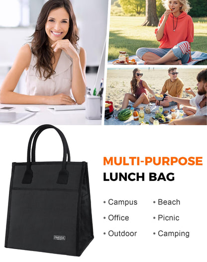 Fmeida Insulated Lunch Bag Women Men, 9L Large Lunch Bags with Multiple Pockets, Reusable Thermal Cooler Tote for Work, Office, Picnic, Travel | Hook and Loop Closure, Black