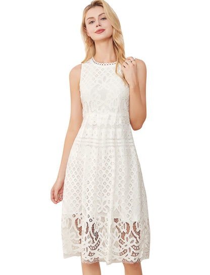 VEIISAR Womens Fashion Sleeveless Lace Fit Flare Sweatheart Cocktail Dress White S