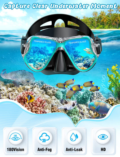 Zenoplige Mask Fins Snorkel Set, Snorkeling Gear for Adults, Panoramic View Snorkel Mask Anti-Fog, Adjustable Dive Flippers, Dry Top Snorkel and Travel Bag, Scuba Gear for Swimming Snorkeling Diving